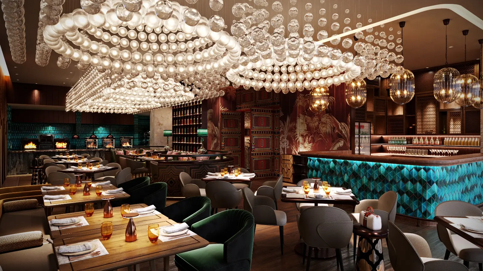 Elegant fine-dining restaurant interior with sculptural lighting